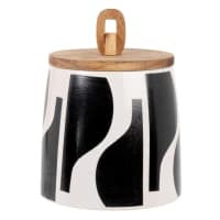 PORQUEROLLES - Vaso in gres crema e nero con coperchio in legno di acacia alt. 13 cm