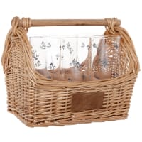 Vasos de cristal (x6) con cesta de mimbre y madera de álamo