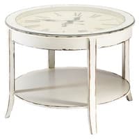 Verweerde witte houten en glazen ronde salontafel met klok D 72 cm Verweerde witte houten en glazen ronde salontafel met klok D 72 cm