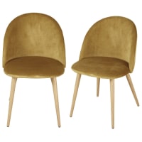 MAURICETTE BUSINESS - Vintage okergele fluwelen stoelen met metaal met eikenhouteffect voor professioneel gebruik (x2)