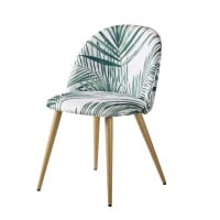 MAURICETTE - Vintage stoel uit metaal met eikenhouteffect en groene tropische print