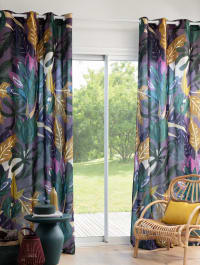 BRANKO - Vorhang mit Ösen und Blätterdruck, aubergine, fuchsienfarben, grün, gelb und blau, 1 Vorhang, 135x250cm