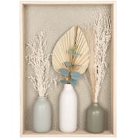 Wanddecoratie met beige droogbloemen in ecru, grijze en groene vazen 35 x 50 cm
