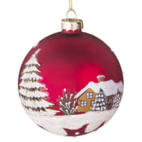   - Set aus 6 - Weihnachtskugel aus Glas, rot mit verschneitem Haus-Druckmotiv
