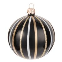 Weihnachtskugel aus Glas, schwarz mit weißen und goldfarbenen Streifen Weihnachtskugel aus Glas, schwarz mit weißen und goldfarbenen Streifen