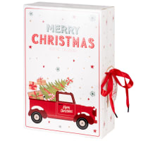 Witte gevulde adventskalender gevuld met rode auto en groene dennenboom