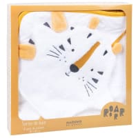 SAMBA - Witte, mosterdgele en zwarte badcape voor baby's met tijgerkop