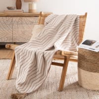 AYAH - Woven cotton and jute throw with print and beige and ecru pompoms 160x210cm
