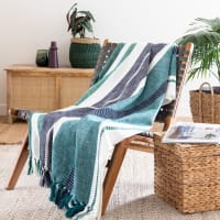 MARIKA - Woven cotton throw with blue, green and ecru fringing 160x210cm