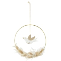 BIRDY - Wreath wall art with dried flowers and ceramic bird D20cm
