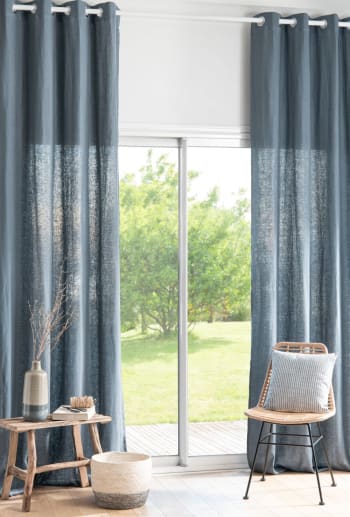 Single Navy Blue Washed Linen Curtain, Navy Blue And Beige Curtains