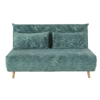 Banquette convertible 2 places en velours vert motifs palmiers