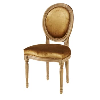 Medaillonstuhl aus massiver Eiche mit ockerfarbenem Samtbezug Louis