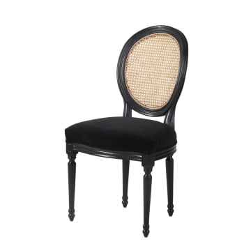 Medaillonstuhl aus massiver Eiche und Rattangeflecht, schwarzer Samt