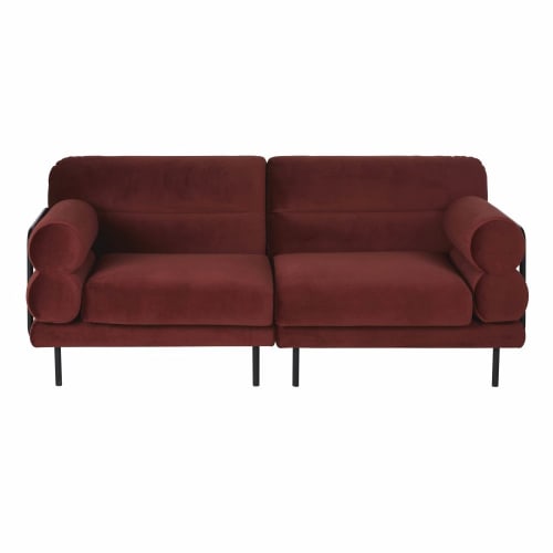2/3-Sitzer-Sofa aus schwarzem Metall und mit terrakottafarbenem Samtbezug