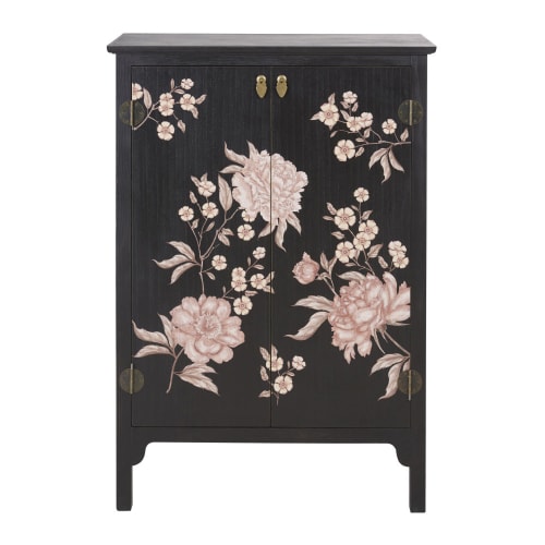 2-Drawer Black Storage Cabinet with Floral Print