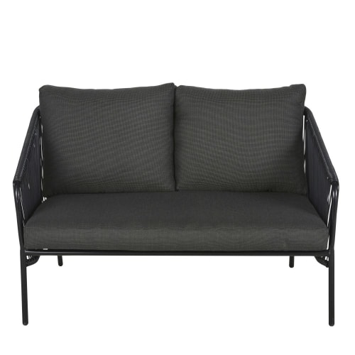 2-Sitzer-Gartensofa aus Kunstharz und Metall, schwarz