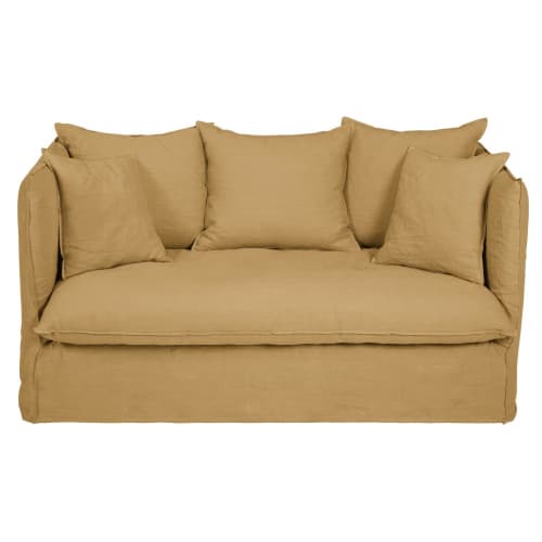 Sofas und sessel Gerade Sofas | 2-Sitzer-Sofa mit ockerfarbenem Leinen-Crinkle-Bezug - GE65881