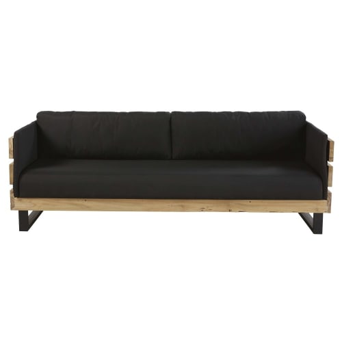 3 4 Sitzer Gartensofa Aus Recyceltem Massivem Teakholz Und Schwarzem Segeltuch Agana Maisons Du Monde