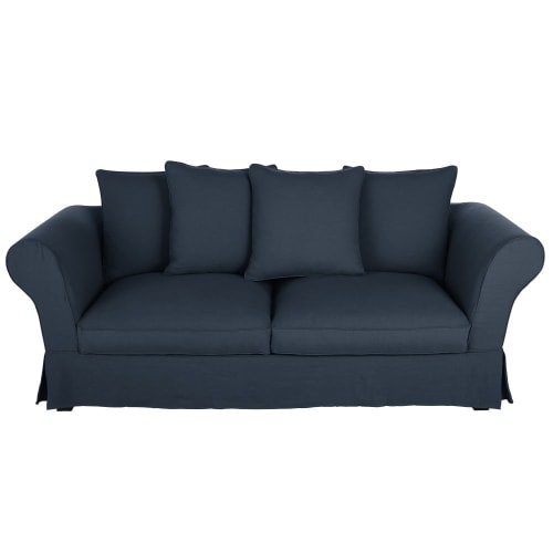 3/4-Sitzer-Schlafsofa mit nachtblauem Leinenbezug und Matratze 12 cm