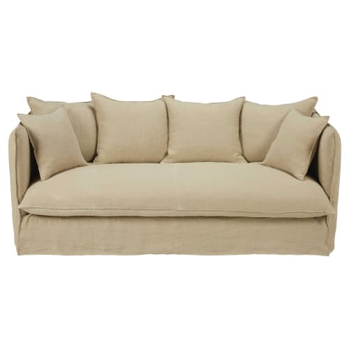 3/4-Sitzer-Sofa mit Bezug aus beigem gewaschenem Leinen