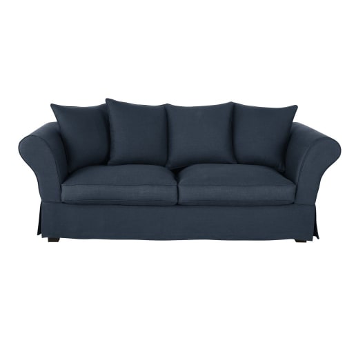 3/4-Sitzer-Sofa mit nachtblauem Leinen-Crinkle-Bezug