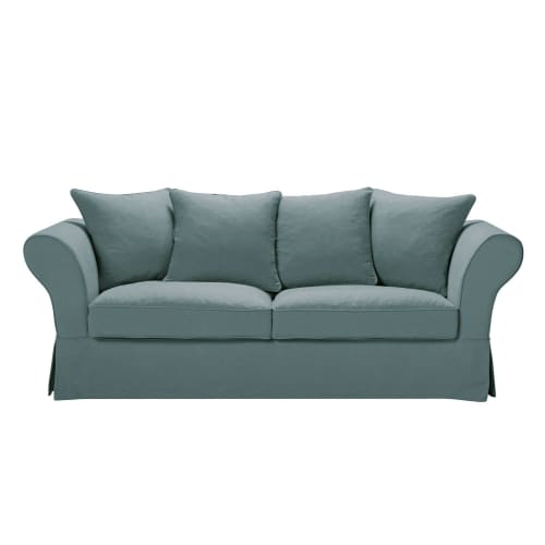 3/4-Sitzer-Sofa mit seladonblauem Leinen-Crinkle--Bezug