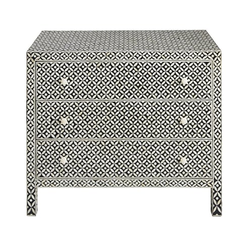 3 Drawer Chest Of Drawers In Mango Wood, Noire Bone Inlay White And Black Side Tablecloth