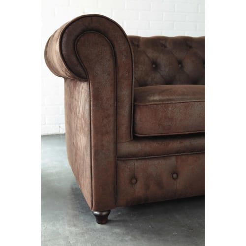 3-Seater Imitation Suede Button Sofa in Brown Chesterfield | Maisons du  Monde
