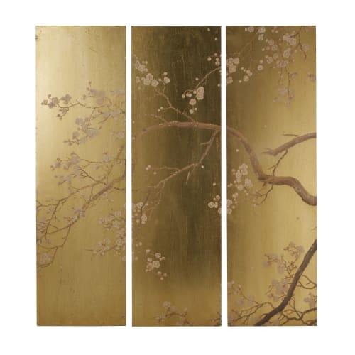 Dekoration Bilder | 3-teilige Wanddeko, goldfarben mit Blumendruck 108x120 - VP80291