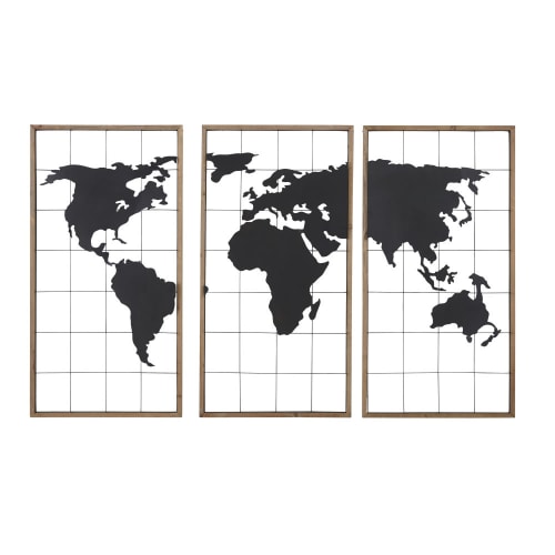 Dekoration Bilder | 3-teilige Weltkarte aus schwarzem Metall und Tannenholz 159x102 - II80254