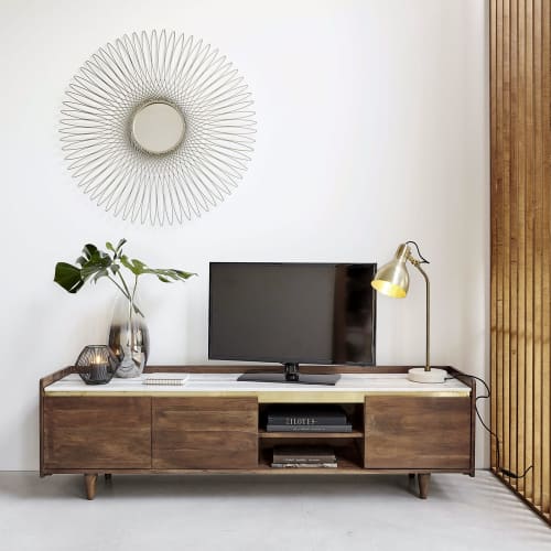 Möbel TV-Möbel | 3-türiges TV-Möbel aus massivem Akazienholz und weißem Marmor - LW58061