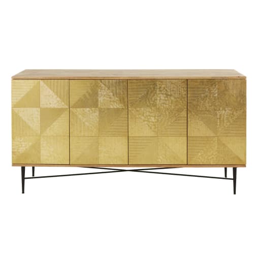Furniture Sideboards | 4-Door Solid Mango Wood and Golden Hammered Metal Sideboard - ZQ04133