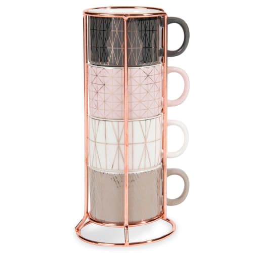 4 Kaffeetassen expresso aus Steingut + Halterung Modern Copper