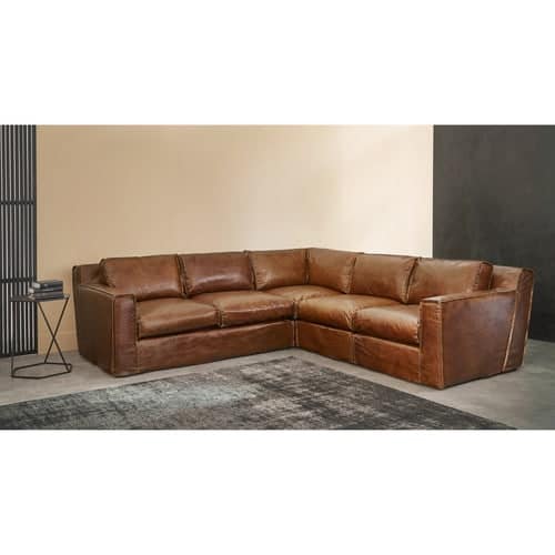 4 Seater Leather Vintage Corner Sofa In Brandy Colour