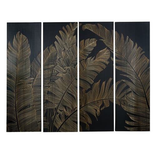 4-teilige Wanddeko Blattwerk aus schwarzem Paulownienholz, graviert 153x120