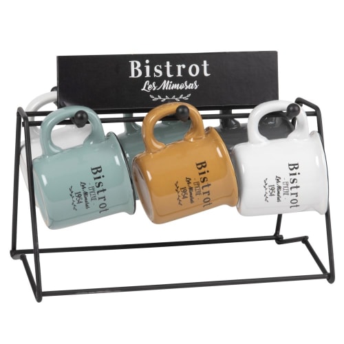 Tischkultur Tassen und Becher | 6 mehrfarbige Fayencetassen, bedruckt und mit schwarzem Metallständer - NH24505