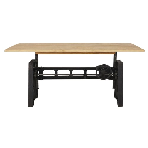 8/10-person adjustable dining table in solid mango wood and black metal H76cm/106cm