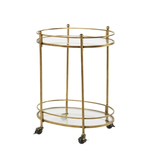 Aged-Effect Brass Metal and Glass Serving Trolley