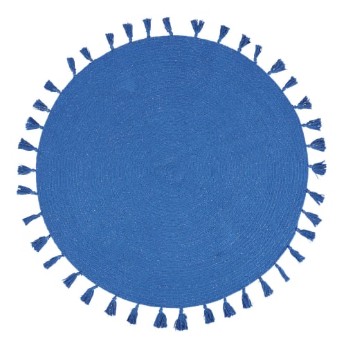 Alfombra redonda tejida en azul de hilo de lúrex y pompones