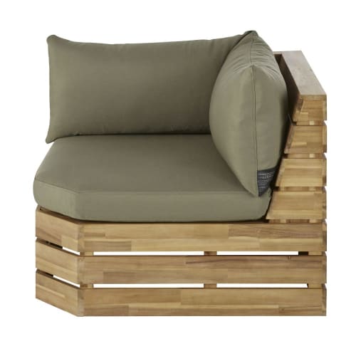Angolo di divano da giardino professionale modulare in acacia massello e cuscini verde kaki