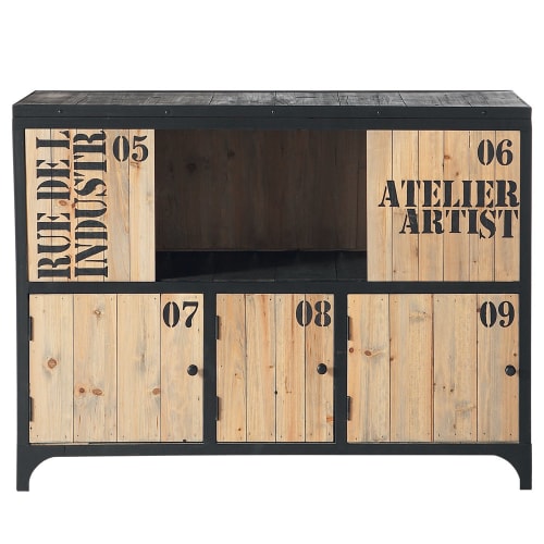 Möbel Sideboards | Anrichte im Industriestil aus schwarzem Metall und Tannenholz - WF06935