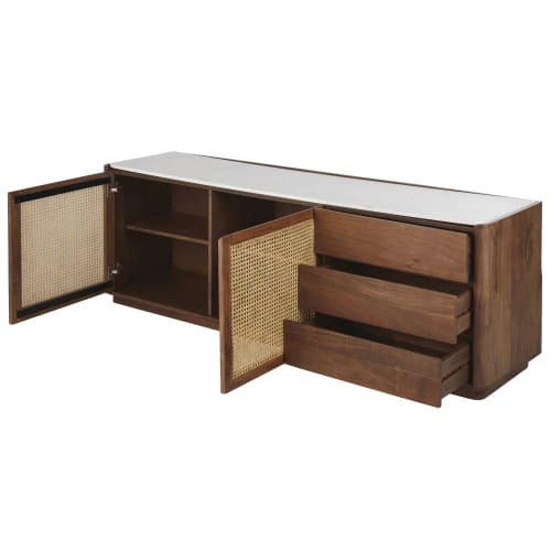Möbel Sideboards | Anrichte mit 2 Türen und 3 Schubladen aus Rattan und weißem Marmor - OW06666