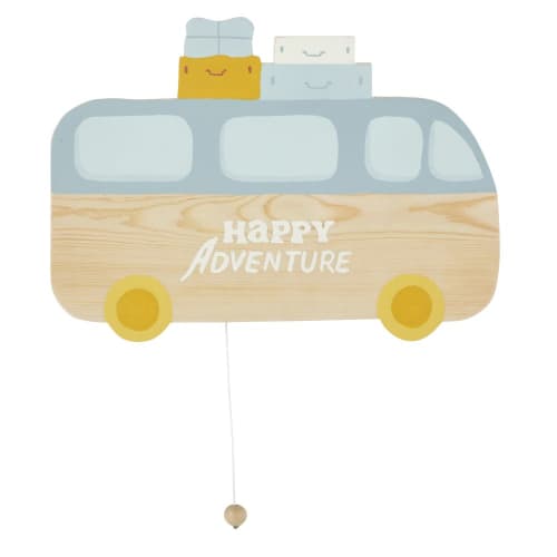 Aplique luminoso en forma de caravana de madera de pino beige, azul y amarilla