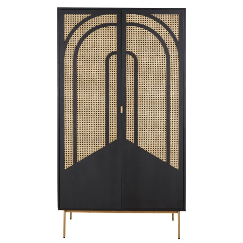 Armario negro con 2 puertas rejilla de ratán y metal dorado Loreto du Monde
