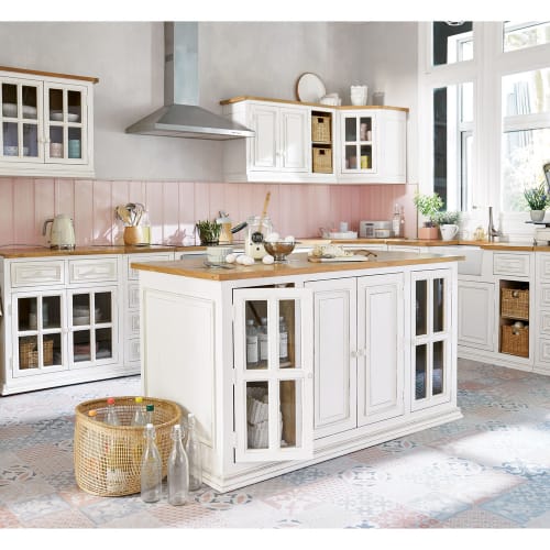 Armario Superior De Canto De Cozinha Com Portas De Vidro De Madeira De Mangueira Cor Marfim Largura 92 Eleonore Kitchen Maisons Du Monde