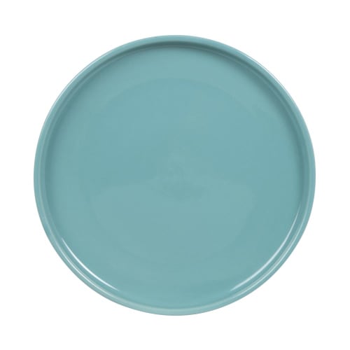 Assiette creuse en grès motifs graphiques bleu gris, verts et