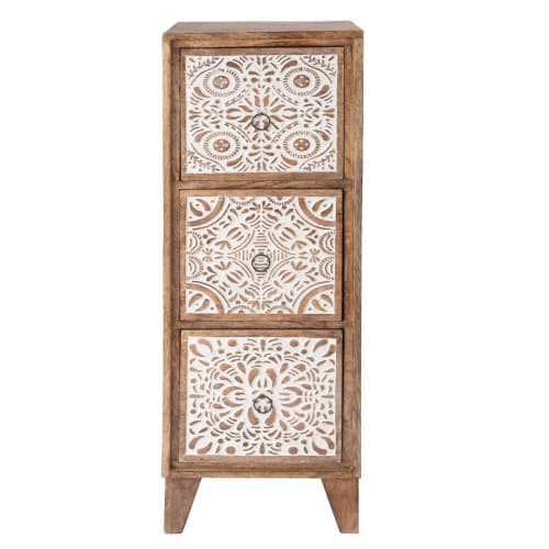 Möbel Kleinmöbel | Aufbewahrungsmöbel mit 3 Schubladen aus Mangoholz mit weißen eingeritzten Motiven - EA34695