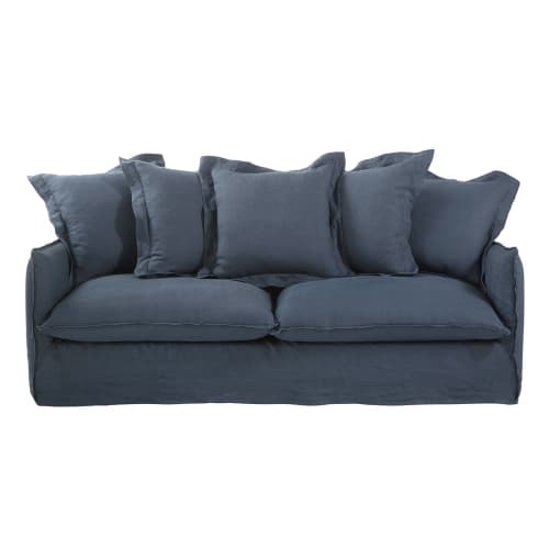 Sofas und sessel Gerade Sofas | Ausziehbares 3-4-Sitzer-Sofa, Bezug aus gewaschenem Leinen, tintenblau - VX36589