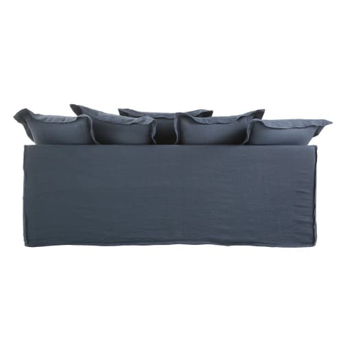 Sofas und sessel Gerade Sofas | Ausziehbares 3-4-Sitzer-Sofa, Bezug aus gewaschenem Leinen, tintenblau - VX36589